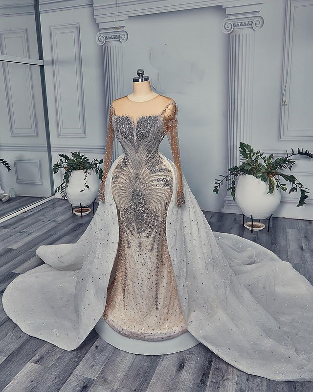 2023 Oct Arabic Aso Ebi Plus Size Luxurious Mermaid Wedding Dress Beaded Crystals Sexy Bridal Gowns Dresses ZJ244