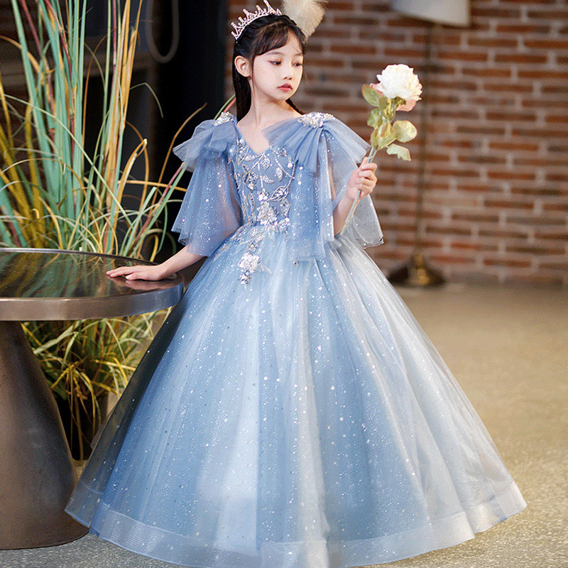 Shiny Blue Flower Girl Childrens Princess Ball Gown Wedding Party Bling White First Holy Communion Dress Lilttle Kids Birthday Pageant Weddding Gowns 