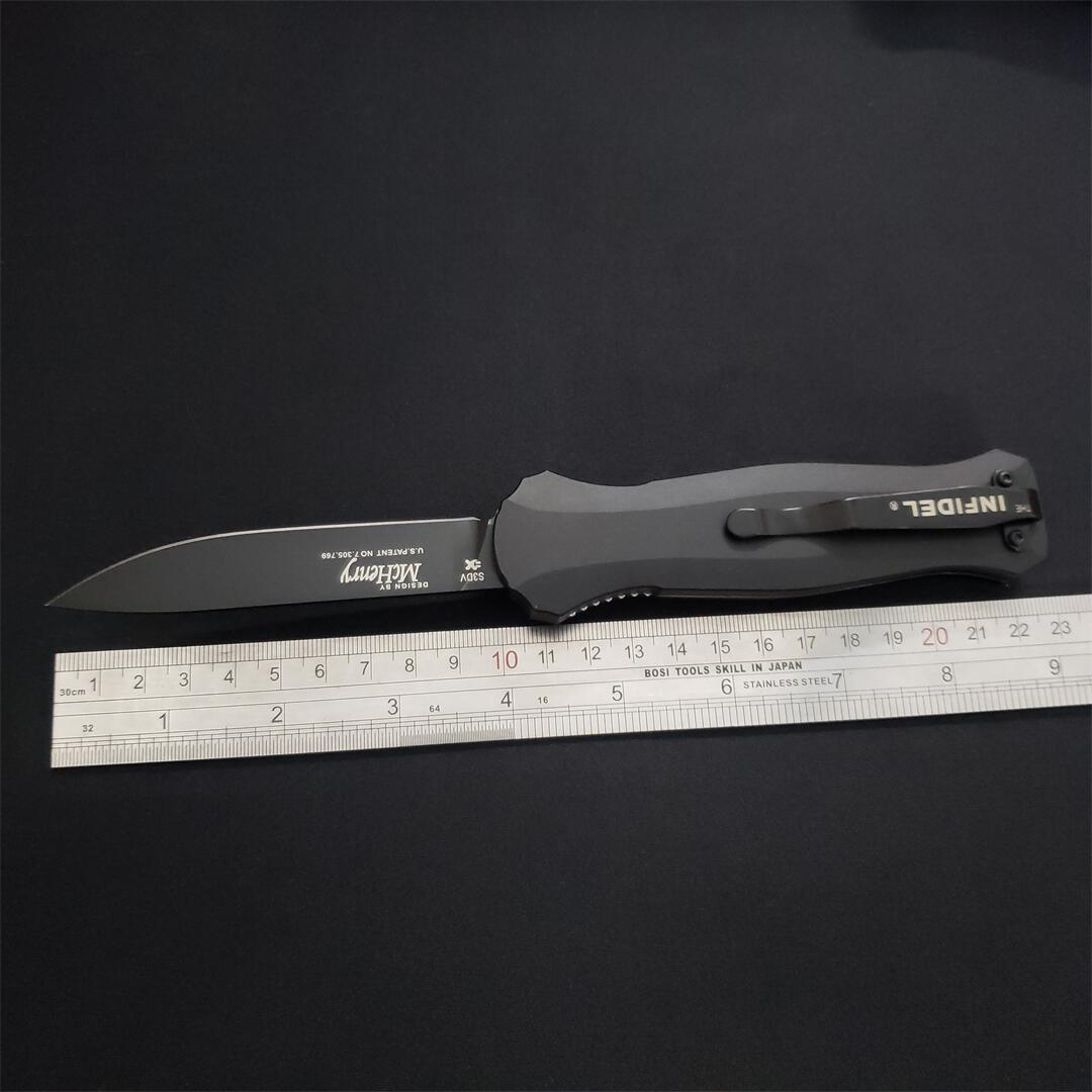 8Models 3300BK Infidel Out the front Knife 3.95 D2 Black Double Edge Blade Aluminum Handles Outdoor Camp Hunt Tactical Pocket Knives 3310 3350 EDC too
