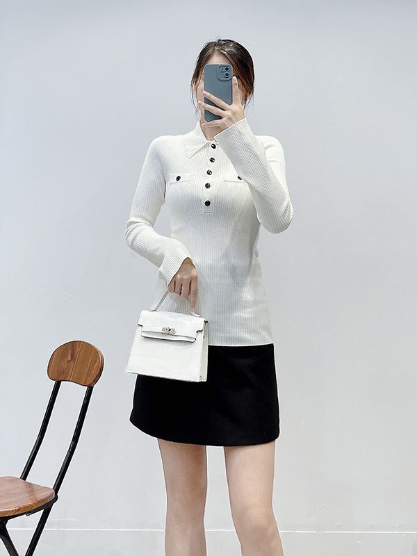 maje Women Collar Fit Knit Top Flare Sleeve Single Breasted Sweater Top