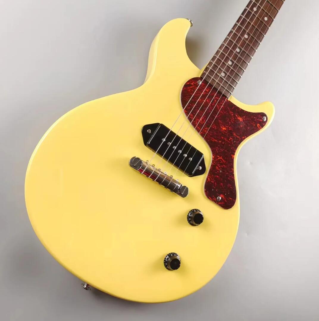 Rare DC TV Yellow Cream Junior Electric Guitar Single Line Tuners Tortoise Single Layer Pickguard Dog Ear Black P90 Singlecoil Pickup Aluminum Wrab Over Tailpie