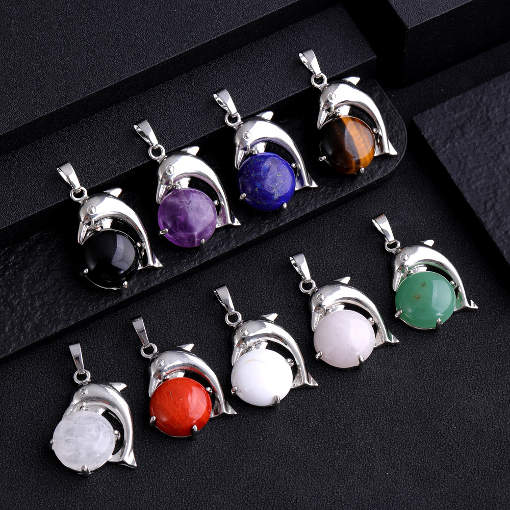 Natural Stone Rose Quartz Tiger Eye Amethyst Dolphin Pendant Charms for Jewelry Making Keychain Necklace Accessorie