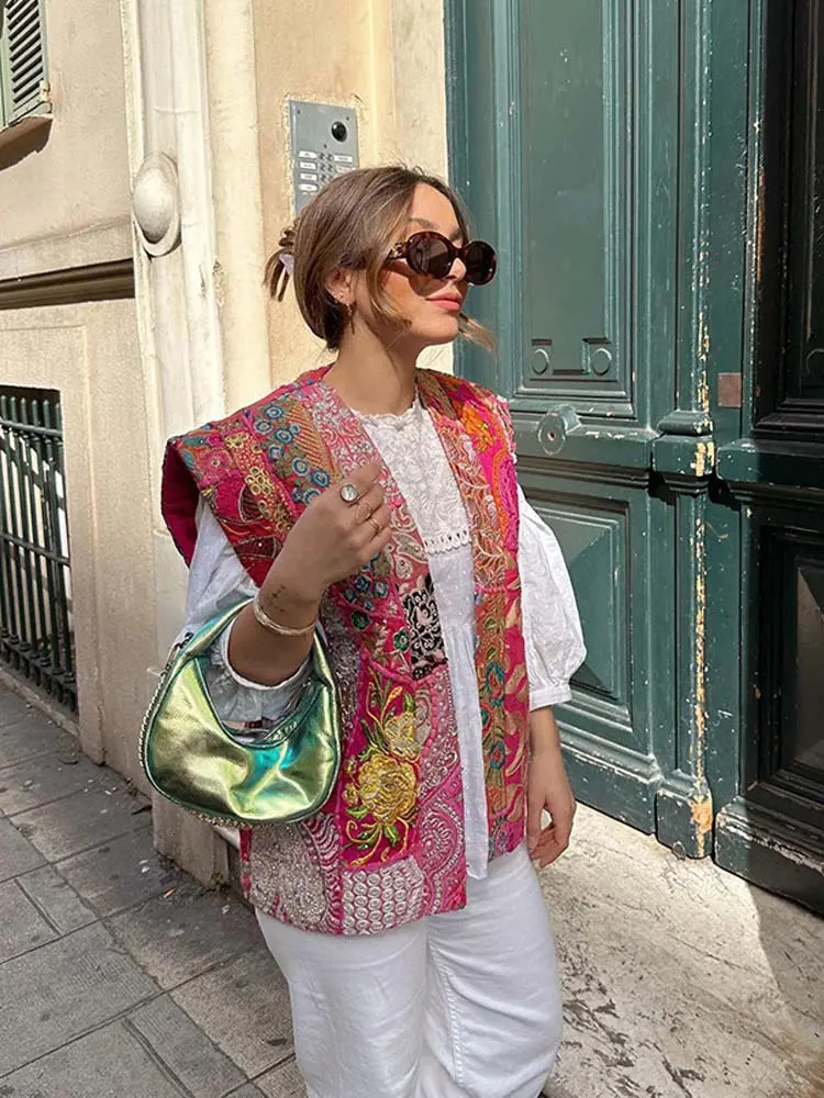 Womens Vests Loose Printed Patchwork Jacket For Women Elegant Sleeveless Waistcoats Autumn Vintage Lady Streetwear Vest Tops 230928