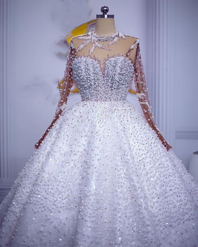 2023 Oct Arabic Aso Ebi Plus Size Luxurious White Wedding Dress Pearls Beaded Ball Gown Bridal Gowns Dresses ZJ066