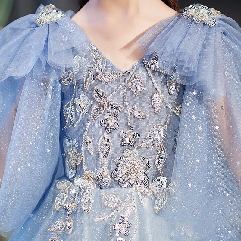 Shiny Blue Flower Girl Childrens Princess Ball Gown Wedding Party Bling White First Holy Communion Dress Lilttle Kids Birthday Pageant Weddding Gowns 