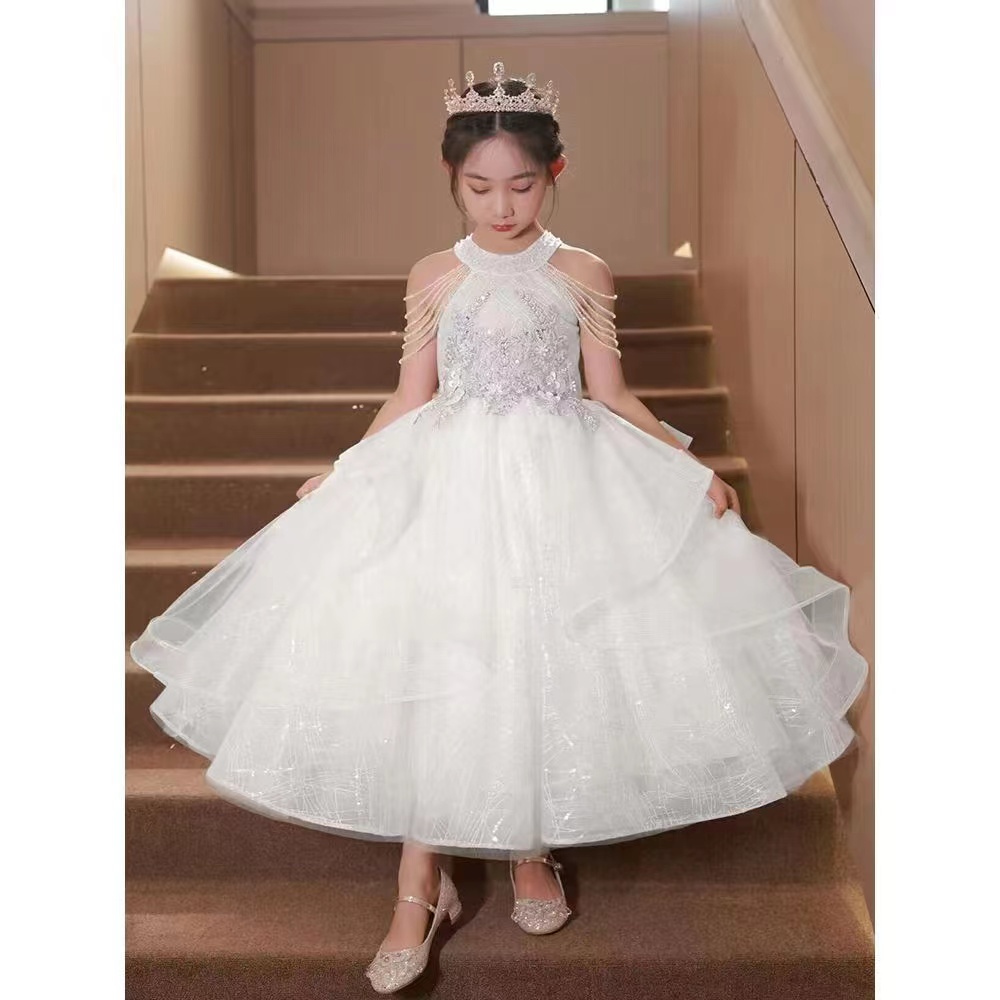 Pink White Flower Girls Dresses For Wedding Tutu Princess Kids Ball Gown Baby Pageant Party Clothes Toddler Birthday Gowns Beaded First Communion Dres