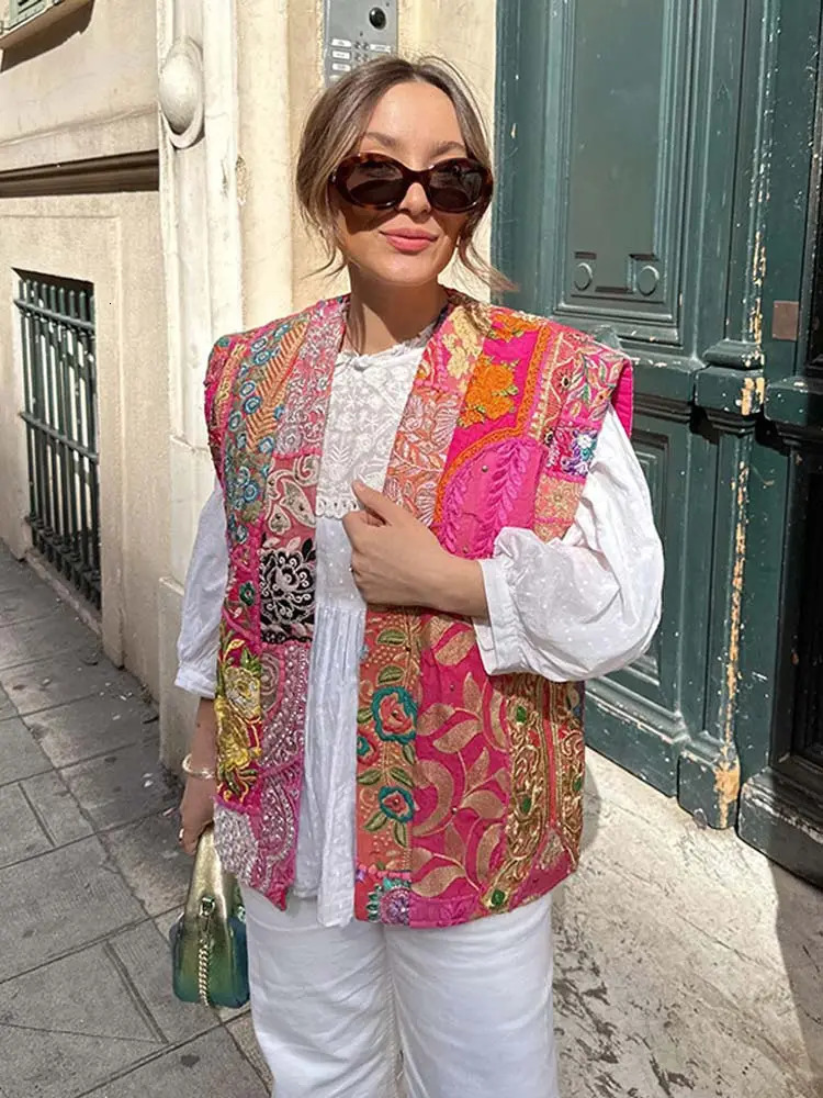 Womens Vests Loose Printed Patchwork Jacket For Women Elegant Sleeveless Waistcoats Autumn Vintage Lady Streetwear Vest Tops 230928