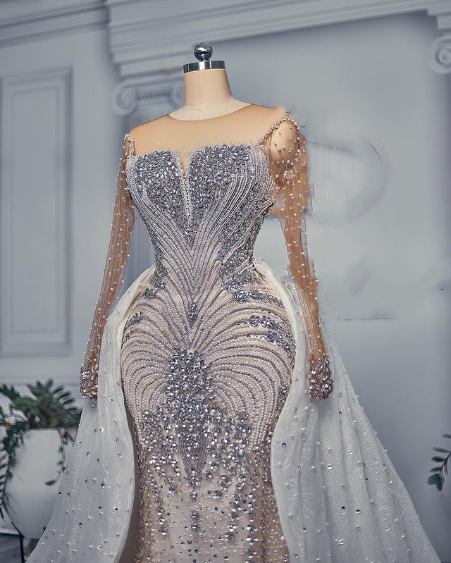 2023 Oct Arabic Aso Ebi Plus Size Luxurious Mermaid Wedding Dress Beaded Crystals Sexy Bridal Gowns Dresses ZJ244