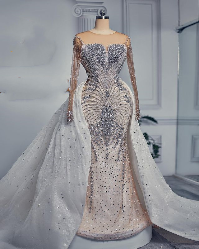 2023 Oct Arabic Aso Ebi Plus Size Luxurious Mermaid Wedding Dress Beaded Crystals Sexy Bridal Gowns Dresses ZJ244