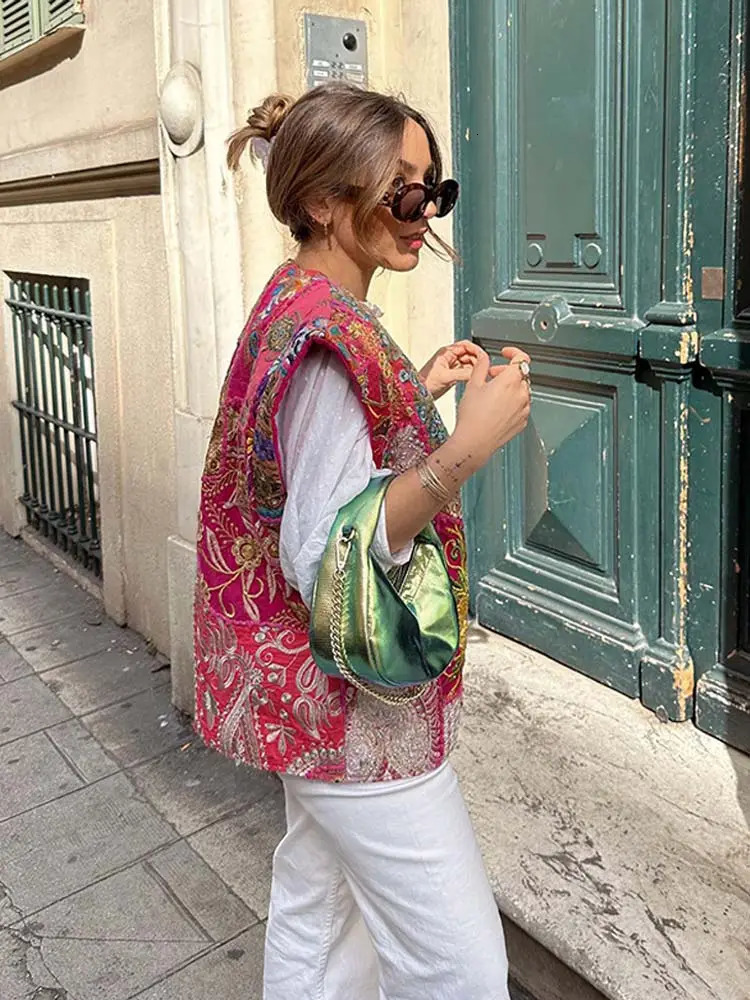 Womens Vests Loose Printed Patchwork Jacket For Women Elegant Sleeveless Waistcoats Autumn Vintage Lady Streetwear Vest Tops 230928