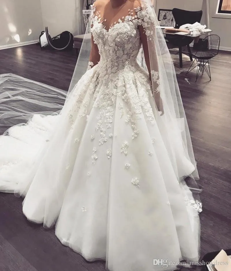 Elegant Lace A Line Wedding Dresses Gown Arabic Sheer Long Sleeves Tulle Applique 3D Floral Beaded Sweep Train Bridal Wedding Gowns With Buttons