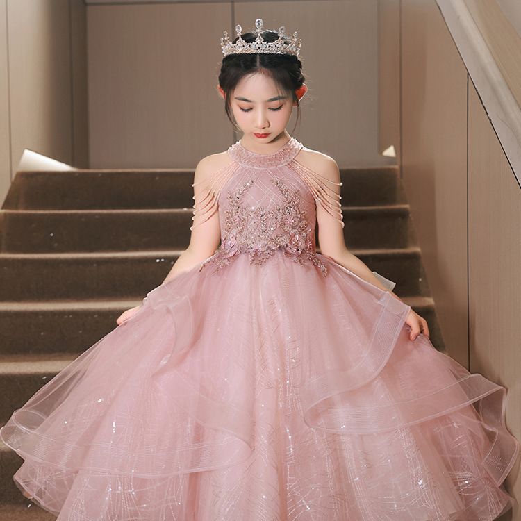Pink White Flower Girls Dresses For Wedding Tutu Princess Kids Ball Gown Baby Pageant Party Clothes Toddler Birthday Gowns Beaded First Communion Dres