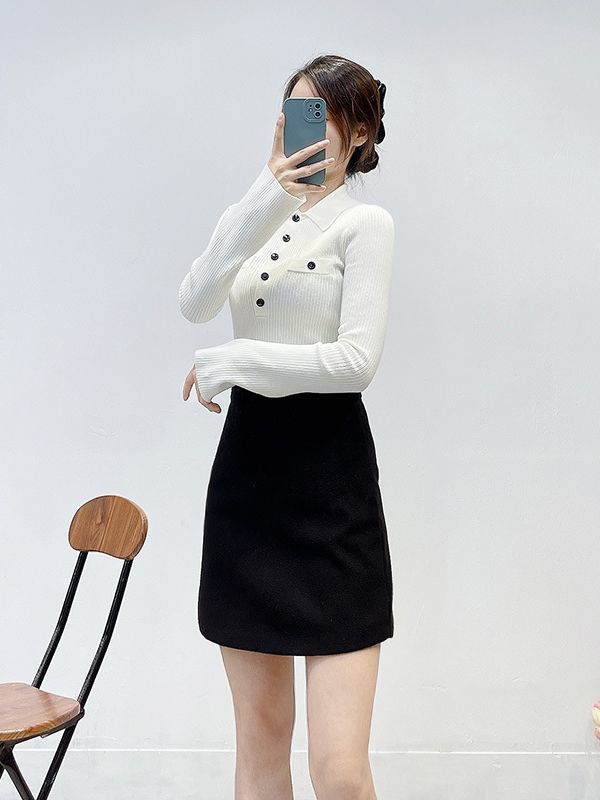 maje Women Collar Fit Knit Top Flare Sleeve Single Breasted Sweater Top