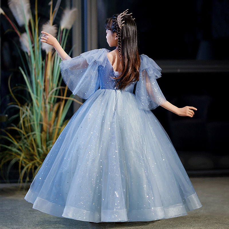 Shiny Blue Flower Girl Childrens Princess Ball Gown Wedding Party Bling White First Holy Communion Dress Lilttle Kids Birthday Pageant Weddding Gowns 