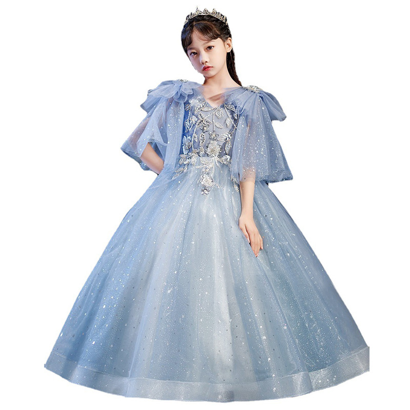 Shiny Blue Flower Girl Childrens Princess Ball Gown Wedding Party Bling White First Holy Communion Dress Lilttle Kids Birthday Pageant Weddding Gowns 