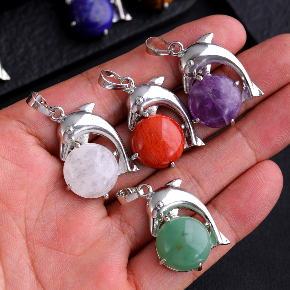 Natural Stone Rose Quartz Tiger Eye Amethyst Dolphin Pendant Charms for Jewelry Making Keychain Necklace Accessorie