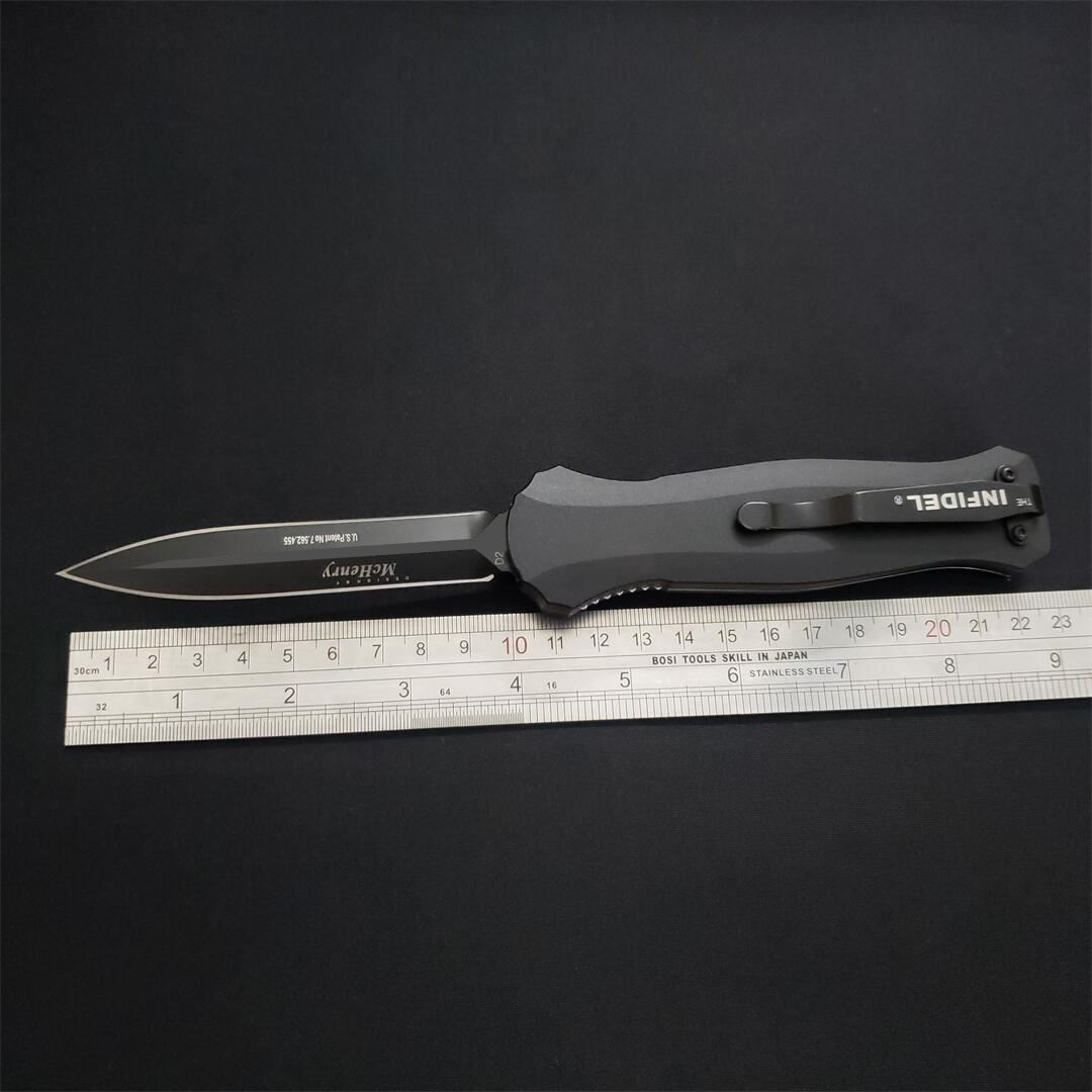 8Models 3300BK Infidel Out the front Knife 3.95 D2 Black Double Edge Blade Aluminum Handles Outdoor Camp Hunt Tactical Pocket Knives 3310 3350 EDC too