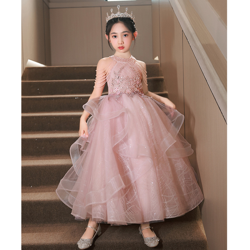 Pink White Flower Girls Dresses For Wedding Tutu Princess Kids Ball Gown Baby Pageant Party Clothes Toddler Birthday Gowns Beaded First Communion Dres