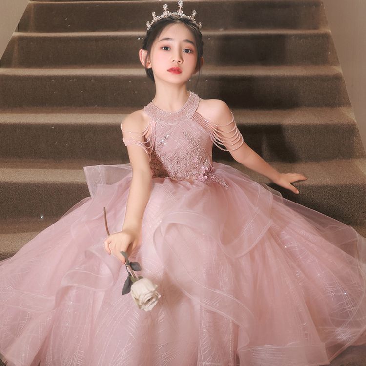 Pink White Flower Girls Dresses For Wedding Tutu Princess Kids Ball Gown Baby Pageant Party Clothes Toddler Birthday Gowns Beaded First Communion Dres