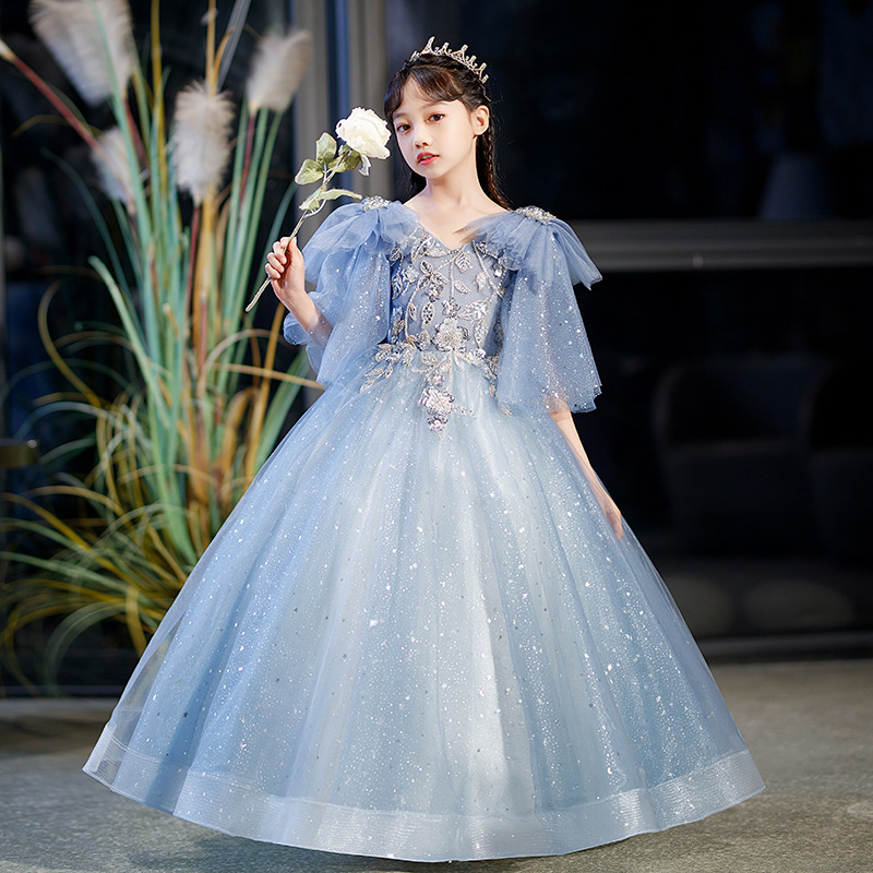 Shiny Blue Flower Girl Childrens Princess Ball Gown Wedding Party Bling White First Holy Communion Dress Lilttle Kids Birthday Pageant Weddding Gowns 