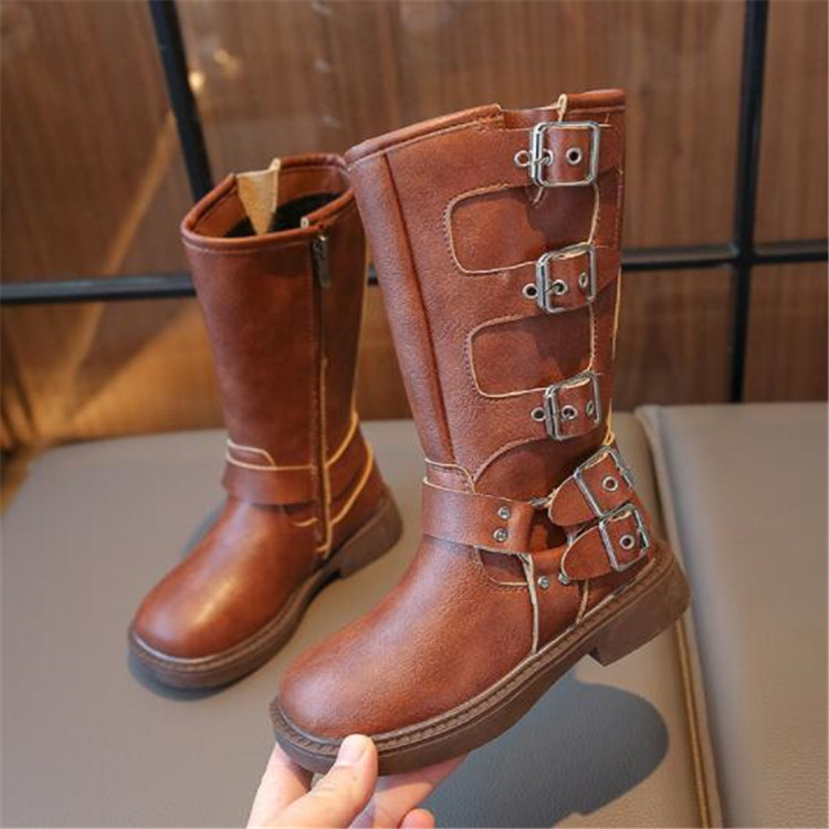 Outdoor Kids Girl Boots Autumn Side Zipper Leather Booties Rubber Outsole Martin Boot Belt buckle Children length Boots Toddlers Footwear