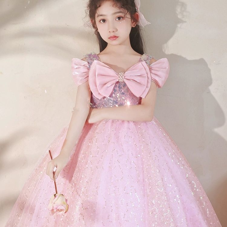 2023 Country Flower Girl Dresses pearls Bow Back shiny pink Ball Gown Jewel Cap Sleeves bling Girls Pageant Dress With Lace Applique big bow Gowns Par