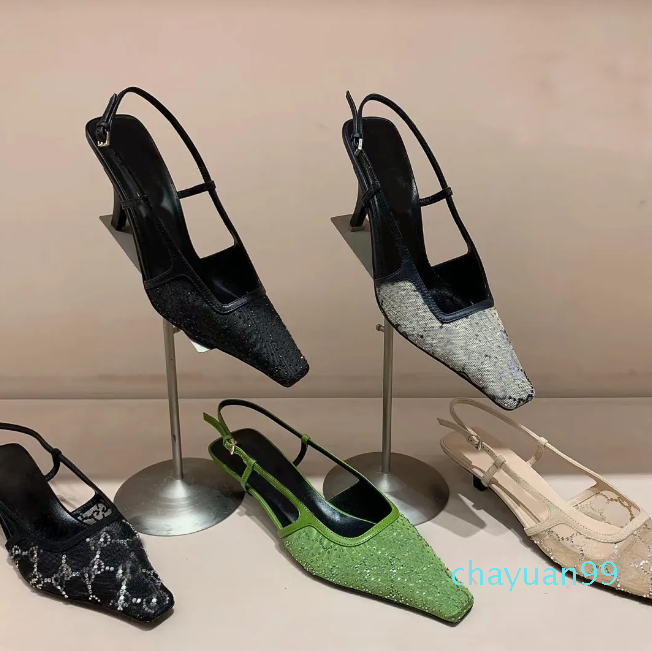 Heels Dress Shoes Designer Sandal cowhide Sexy Versatile Crystal Rhinestone slingbacks 7.5CM High Heel Sandals 35-42 Elegant Cat heel Womens Shoe with bo