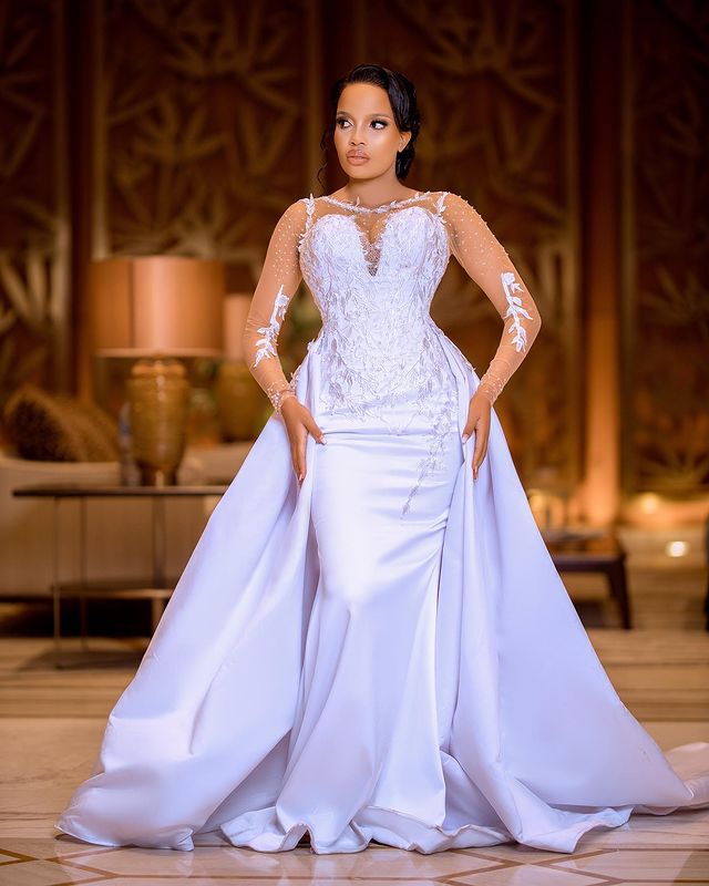 2023 Oct Arabic Aso Ebi Plus Lace Mermaid Wedding Dress Beaded Detachable Train Satin Bridal Gowns Dress ZJ303