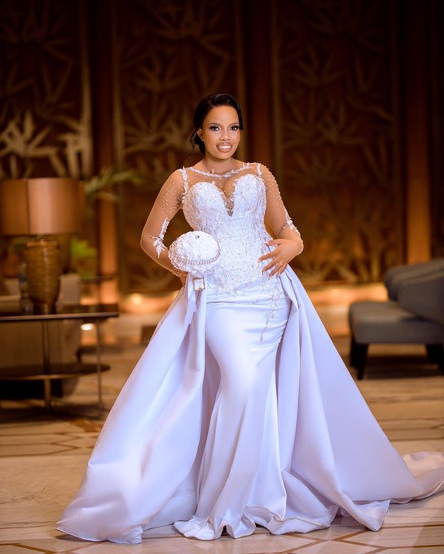 2023 Oct Arabic Aso Ebi Plus Lace Mermaid Wedding Dress Beaded Detachable Train Satin Bridal Gowns Dress ZJ303