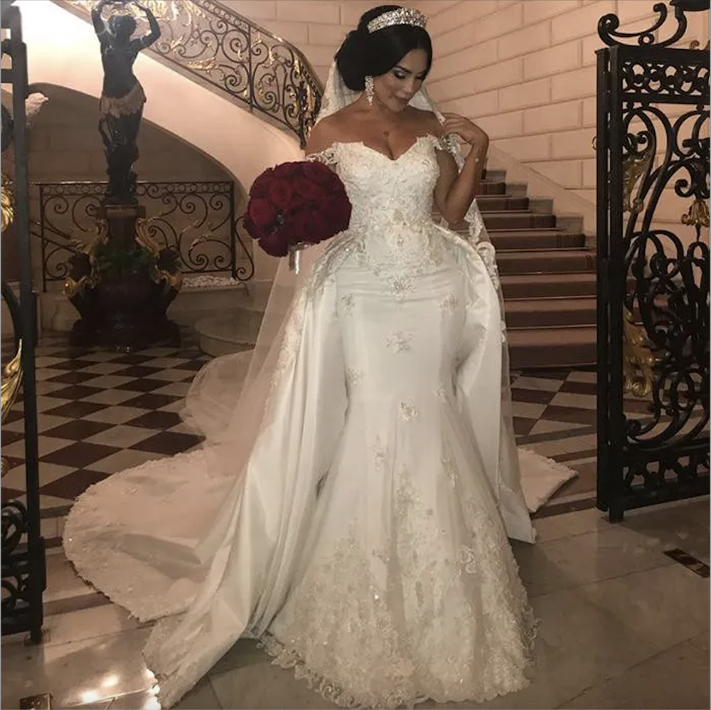 Elegant Beaded Lace Wedding Dresses Mermaid Bridal Gowns With Detachable Train Off Shoulder Applique Ivory Satin Bride Dress