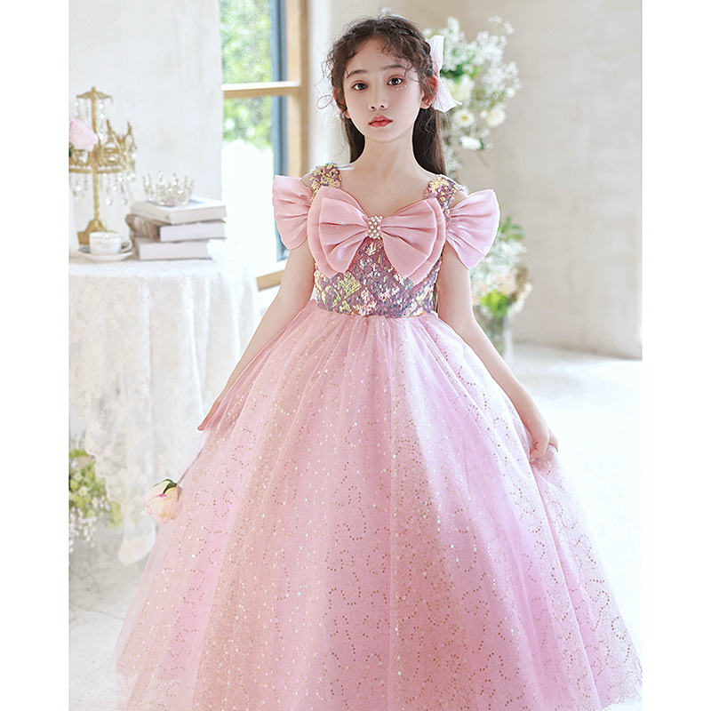 2023 Country Flower Girl Dresses pearls Bow Back shiny pink Ball Gown Jewel Cap Sleeves bling Girls Pageant Dress With Lace Applique big bow Gowns Par