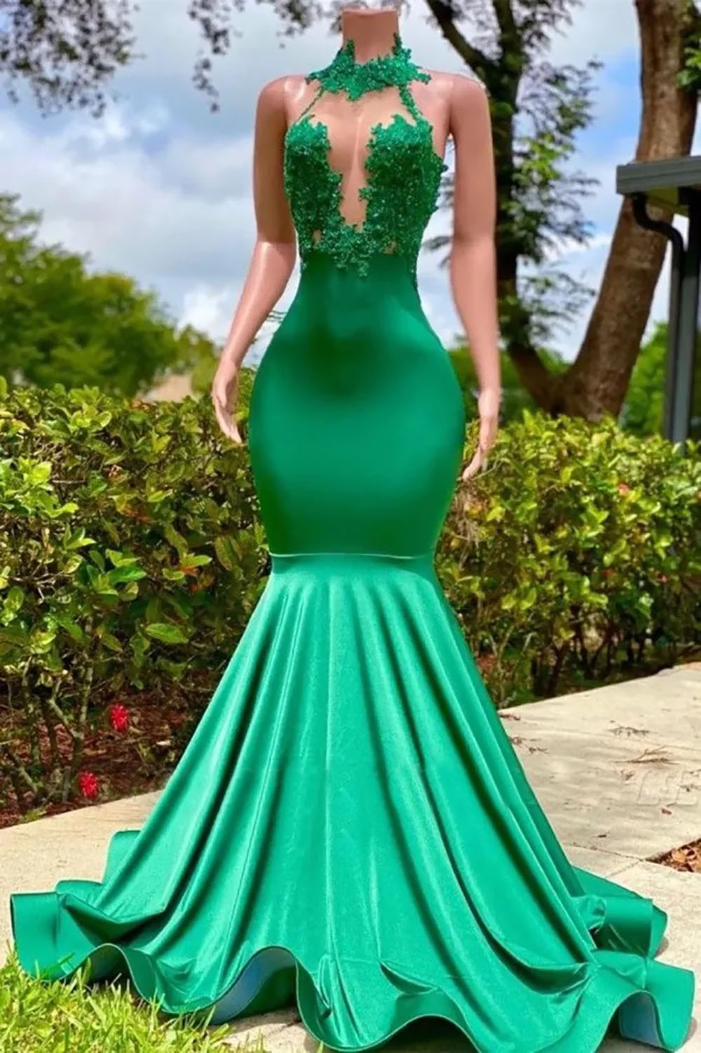 Evening Dresses Green Prom Party Gown New Formal Plus Size Applique Beaded Mermaid Satin Custom Zipper Lace Up High Neck Sleeveless Backless