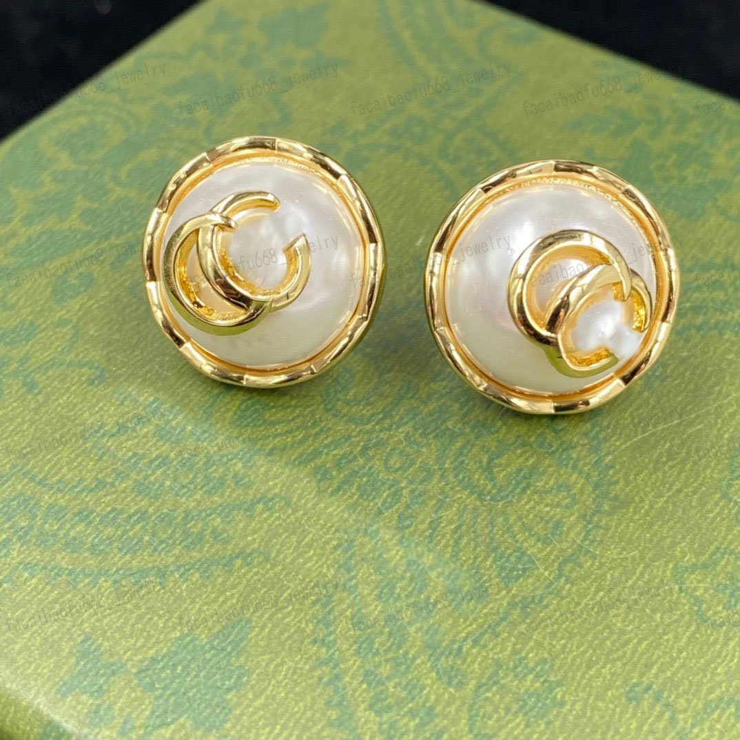 Gold earrings, Brass material double Alphabet Pearl round Stud earrings, fashion designer gifts