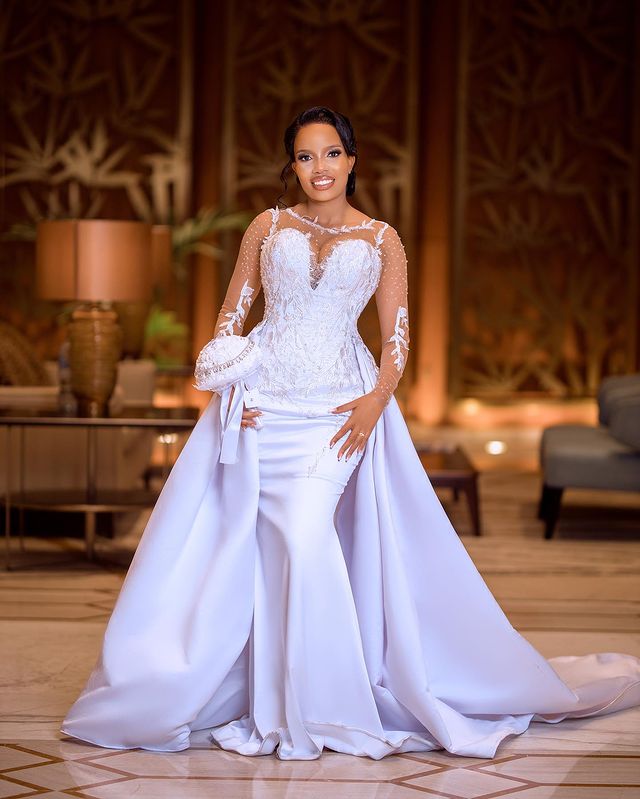 2023 Oct Arabic Aso Ebi Plus Lace Mermaid Wedding Dress Beaded Detachable Train Satin Bridal Gowns Dress ZJ303