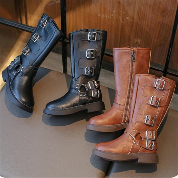 Outdoor Kids Girl Boots Autumn Side Zipper Leather Booties Rubber Outsole Martin Boot Belt buckle Children length Boots Toddlers Footwear