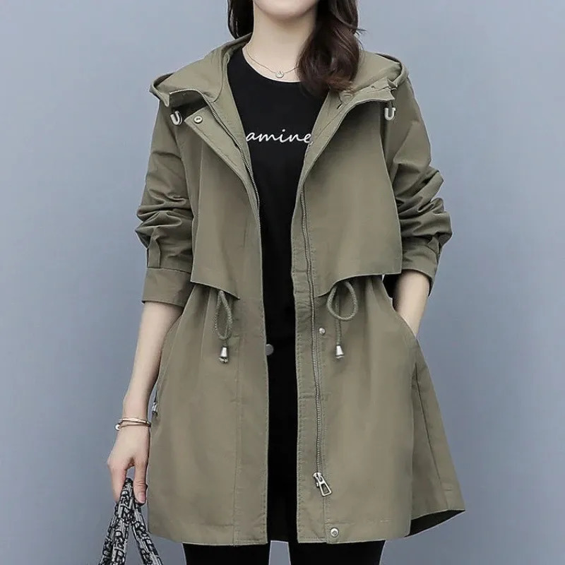 Womens Trench Coats Spring and Autumn Midlength Coat Hooded Zipper Tiein Jackets British Style Loose Clothing 230928
