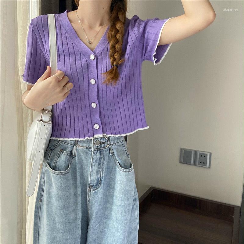 Womens T Shirts Lady Pink Knitted Tank Tops Female Solid Short Sleeve Slim Top Girl Casual Women T-shirt Summer Clothes Cloth