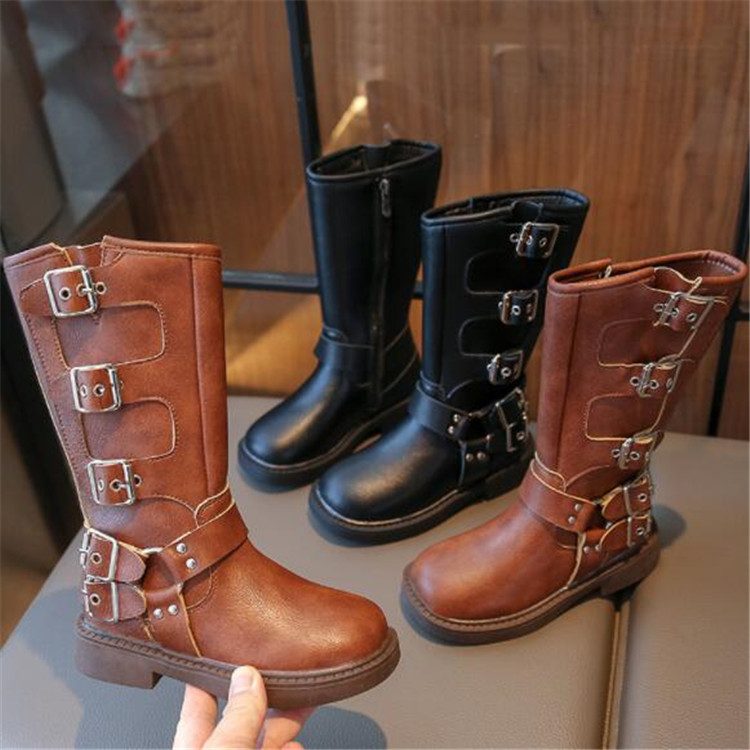 Outdoor Kids Girl Boots Autumn Side Zipper Leather Booties Rubber Outsole Martin Boot Belt buckle Children length Boots Toddlers Footwear
