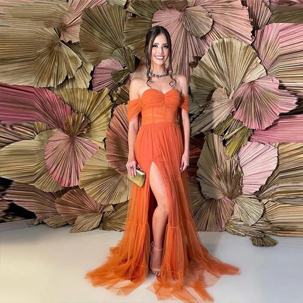 Orange Shouler Off Tulle Pleats Evening Dress Side Split Sweetheart Backless Prom Party Gown Or Length