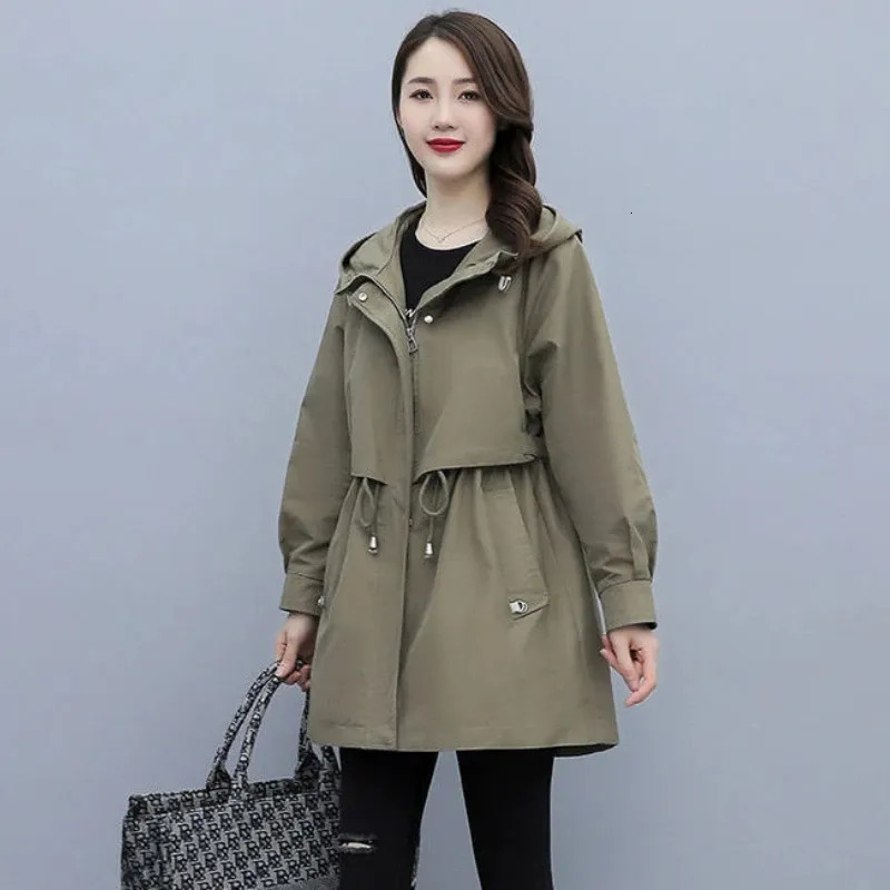 Womens Trench Coats Spring and Autumn Midlength Coat Hooded Zipper Tiein Jackets British Style Loose Clothing 230928