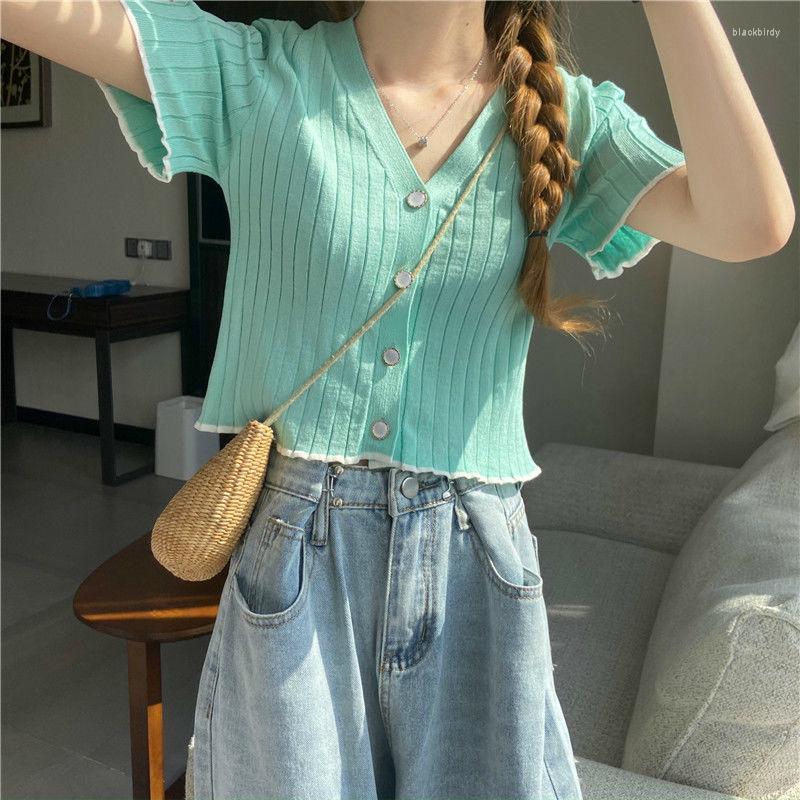 Womens T Shirts Lady Pink Knitted Tank Tops Female Solid Short Sleeve Slim Top Girl Casual Women T-shirt Summer Clothes Cloth