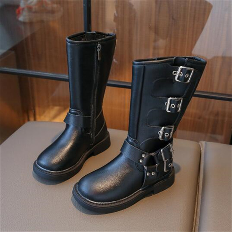 Outdoor Kids Girl Boots Autumn Side Zipper Leather Booties Rubber Outsole Martin Boot Belt buckle Children length Boots Toddlers Footwear