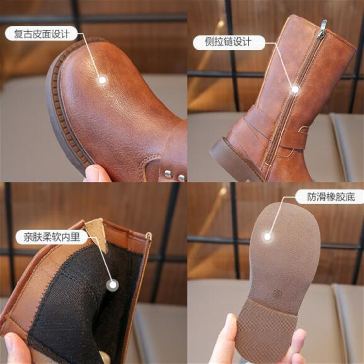 Outdoor Kids Girl Boots Autumn Side Zipper Leather Booties Rubber Outsole Martin Boot Belt buckle Children length Boots Toddlers Footwear