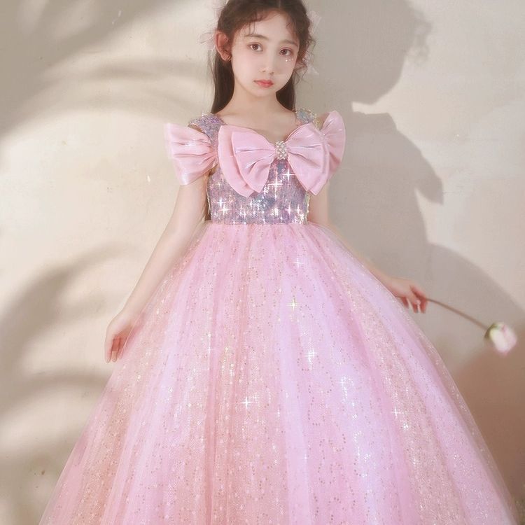2023 Country Flower Girl Dresses pearls Bow Back shiny pink Ball Gown Jewel Cap Sleeves bling Girls Pageant Dress With Lace Applique big bow Gowns Par