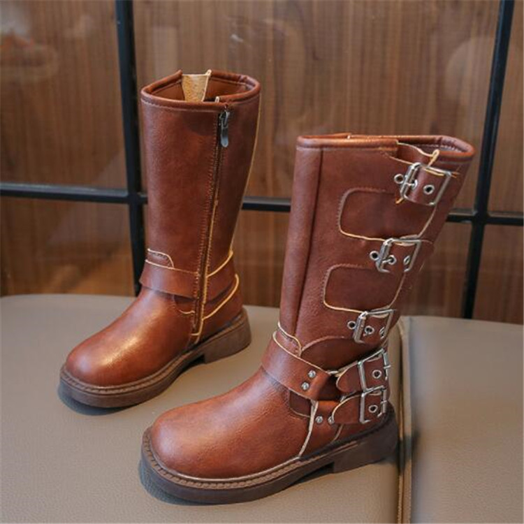 Kids Shoes Girl Boots Side Zipper Leather Booties Rubber Outsole Martin Boot Belt buckle Children length Boots Toddlers Footwear