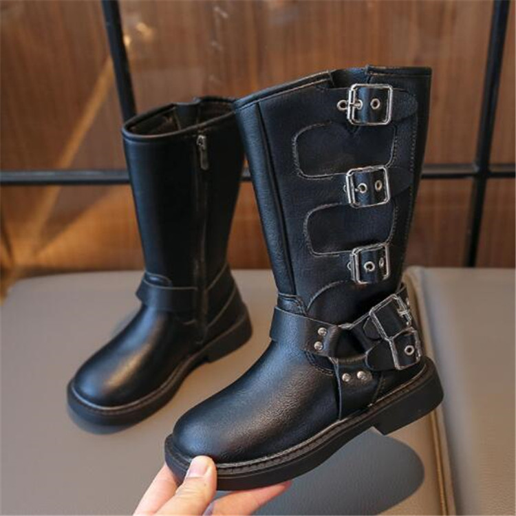 Outdoor Kids Girl Boots Autumn Side Zipper Leather Booties Rubber Outsole Martin Boot Belt buckle Children length Boots Toddlers Footwear