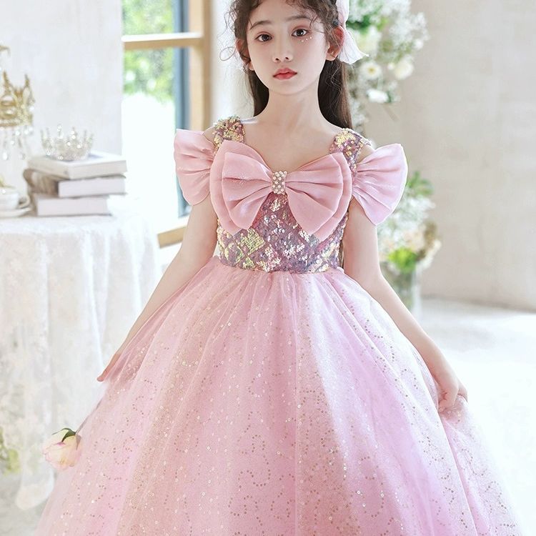 2023 Country Flower Girl Dresses pearls Bow Back shiny pink Ball Gown Jewel Cap Sleeves bling Girls Pageant Dress With Lace Applique big bow Gowns Par
