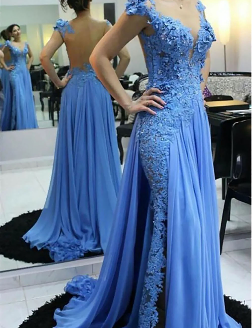Evening Dresses Illusion Prom Party Gown New Formal Sleeveless Custom Plus Size Applique Beaded Mermaid Scoop Chiffon Blue Sexy Back