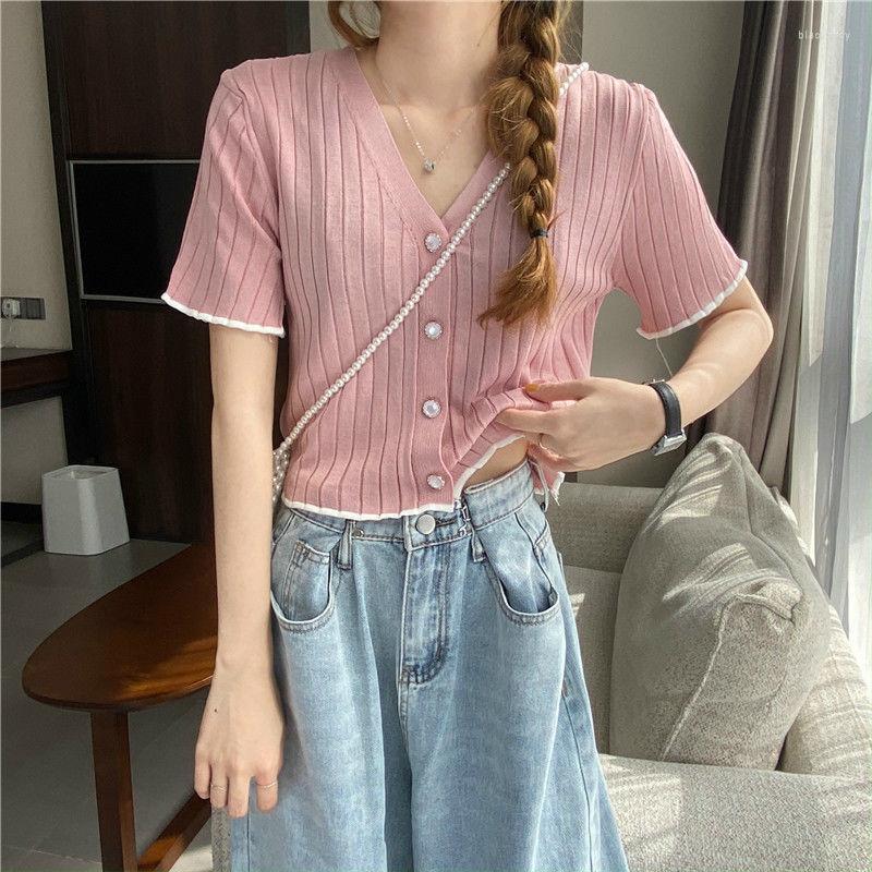 Womens T Shirts Lady Pink Knitted Tank Tops Female Solid Short Sleeve Slim Top Girl Casual Women T-shirt Summer Clothes Cloth