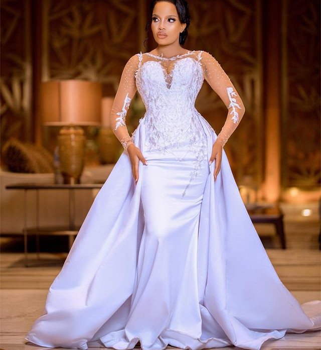 2023 Oct Arabic Aso Ebi Plus Lace Mermaid Wedding Dress Beaded Detachable Train Satin Bridal Gowns Dress ZJ303